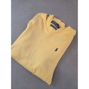 Polo Ralph Lauren Pima Cotton V-Neck Sweater XL Yellow Blue Pony Knit Classic